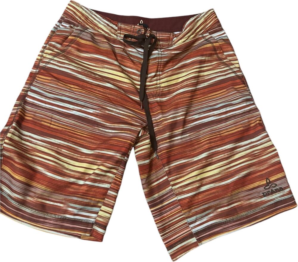 Prana Linear Hybrid Striped 10" Board Shorts, Burnt Orange, Men's Size 33